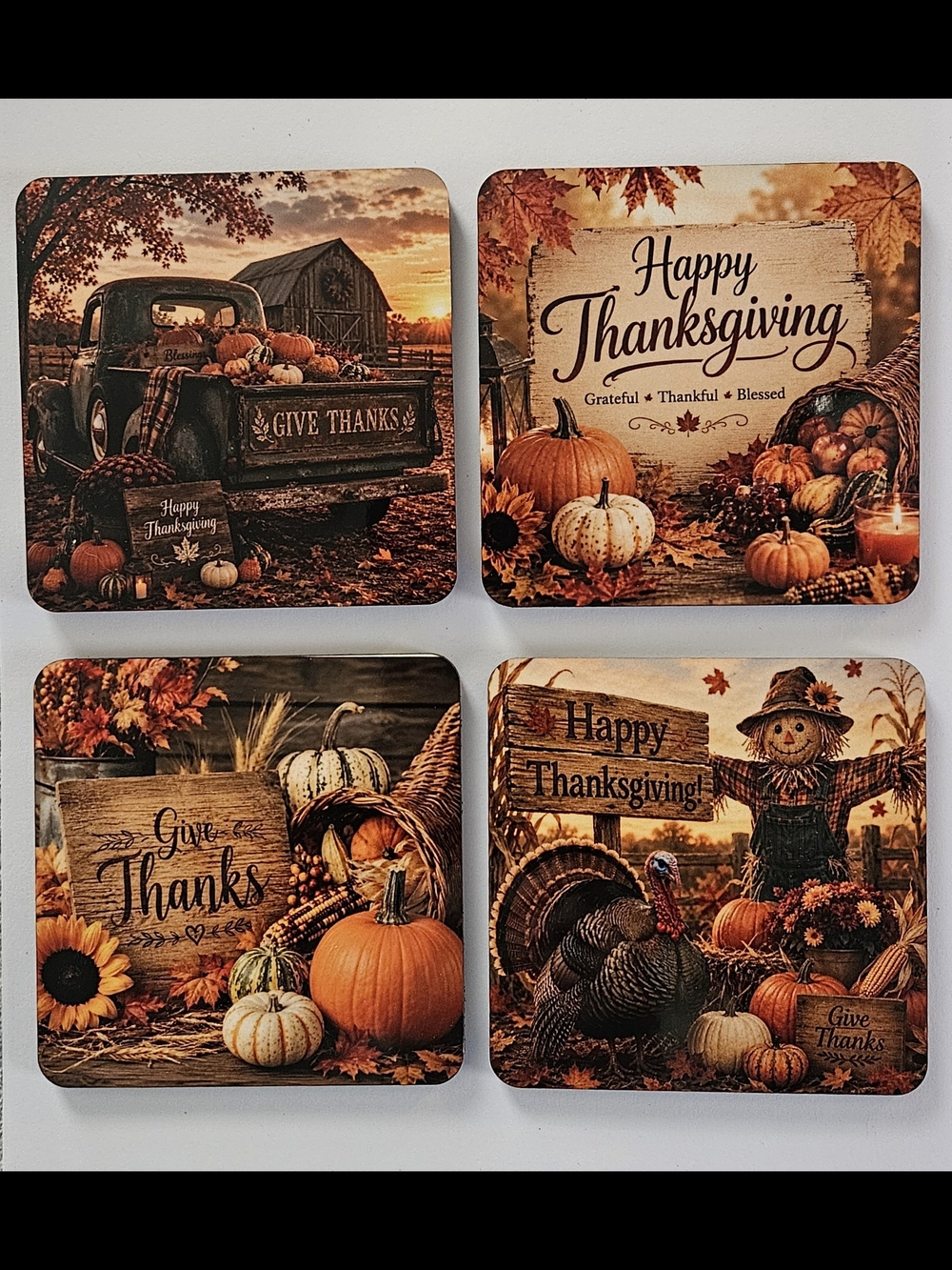 Hand Crafted Thanksgiving Pumpkin Coaster Set - Orange, Brown, Cream